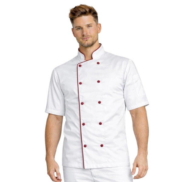 Bluza kucharska biała krótki rękaw lamówka bordowa roz.3XL – bluza kucharska – odzież gastronomiczna